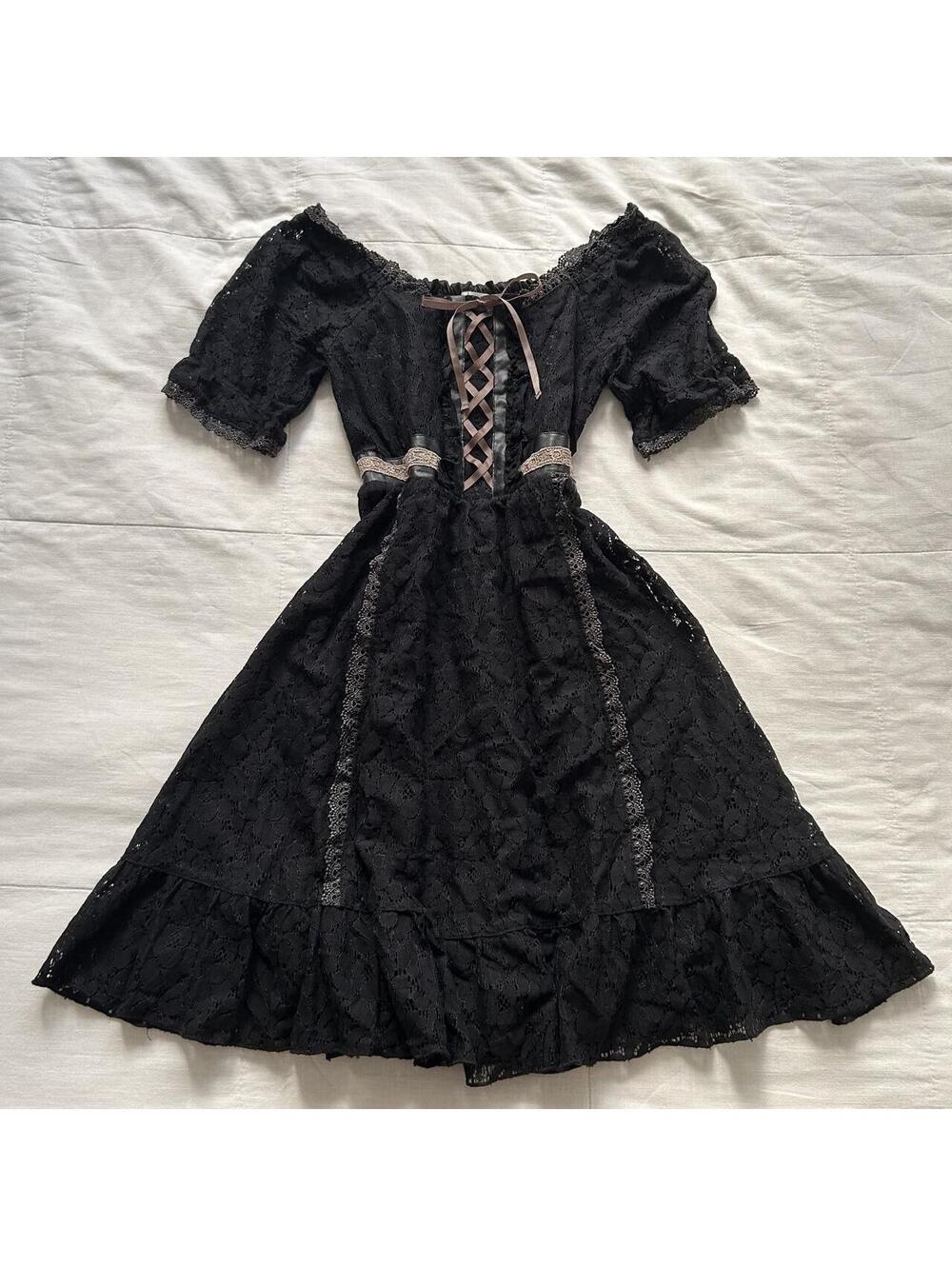 Axes Femme Black Lace Corset Puff Sleeve Bow Midi Dress Medium Japan